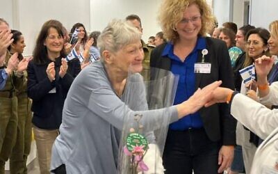 Yaffa Adar says goodbye to medical staff at Wolfson Medical Center as she leaves the hospital on November 28, 2023. Adar, an 85-year-old grandmother, was abducted by Hamas on October 7 and released on Novemver 24. (Wolfson Medical Center)