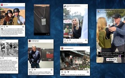 Celebrities and influencers including Jerry Seinfeld, Debra Messing, Montana Tucker, Scooter Braun, Michael Rapaport, Caroline D'Amore, Gregg Sulkin and Emily Austin have headed to Israel to meet with hostage families and visit the sites of the October 7 massacres. (Screenshots via Instagram, design by Jackie Hajdenberg, via JTA)