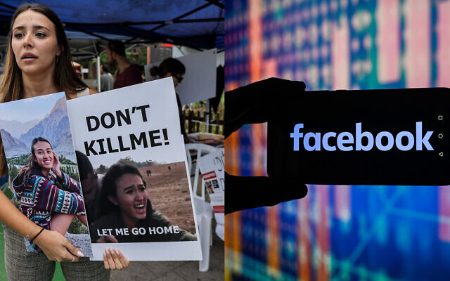 Composite photo: A protester (left) demanding the release of hostages held by Hamas, holding a photo depicting Noa Argamani, one of the captives held since the October 7 massacre, and the Facebook logo (right). (Left to right: Ahmad Gharabli/AFP via Getty Images/Omar Marques/SOPA Images/LightRocket via Getty Images/photo illustration by 70 Faces Media)