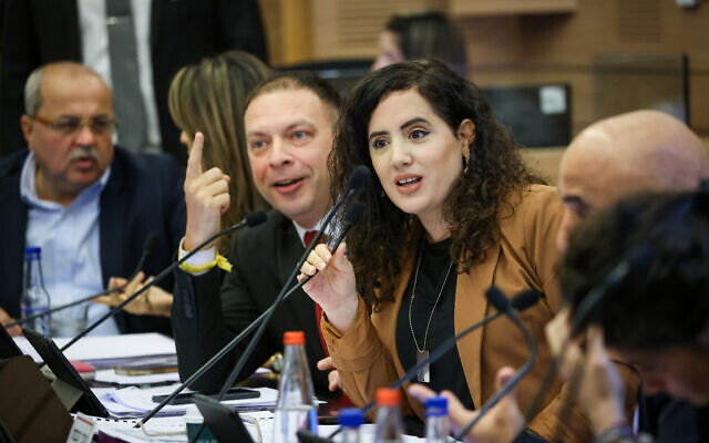 Labor MK Naama Lazimi (center right) and Yesh Atid MK Vladimir Beliak (center left) speak out against amendments to the 2023 budget, in the Knesset Finance Committee, December 11, 2023. (Noam Moskowitz/ Knesset Spokesperson's Department)