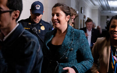 US Representative Elise Stefanik arrives to a House Republicans caucus meeting at the Longworth House Office Building on Capitol Hill in Washington, DC, on October 23, 2023. (Photo by Julia Nikhinson / AFP)