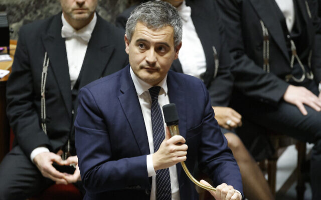 French Interior Minister Gerald Darmanin delivers a speech at the National Assembly in Paris on November 28, 2023. (Ludovic Marin/AFP)