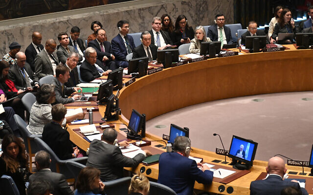 A UN Security Council meeting on the situation in the Middle East, and the Israel-Hamas war at the United Nations headquarters on November 29, 2023 in New York City.  (Photo by Andrea Renault / AFP)