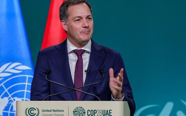 Belgium's Prime Minister Alexander De Croo speaks during the High-Level Segment for Heads of State and Government session at the United Nations climate summit in Dubai on December 2, 2023. (Giuseppe CACACE / AFP)