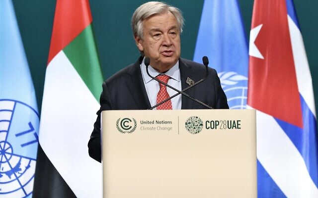 A handout picture released by the Cuban presidency press office showing the United Nations Secretary-General Antonio Guterres during a press conference at the COP28 United Nations climate summit in Dubai on December 2, 2023. (Photo by Alejandro Azcuy / PRESIDENCIA CUBA / AFP)