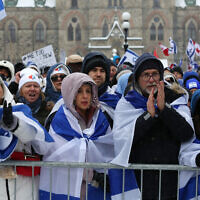 Demonstrators gather in support of the Jewish community, on Parliament Hill in Ottawa, Ontario, Canada, on December 4, 2023. (Dave Chan/AFP)