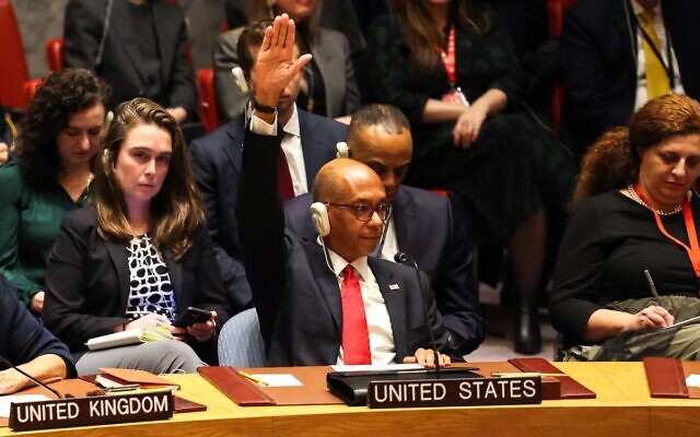 US Ambassador Alternate Representative of the US for Special Political Affairs in the United Nations Robert A. Wood raises his hand during a United Nations Security Council meeting on Gaza, at UN headquarters in New York City on December 8, 2023 (Charly Triballeau/AFP)