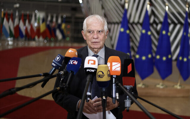 European Commission vice-president in charge for High-Representative of the Union for Foreign Policy and Security Policy Josep Borrell speaks to journalists as he arrives for a Foreign Affairs Council (FAC) at the EU headquarters in Brussels on December 11, 2023. (Kenzo TRIBOUILLARD / AFP)
