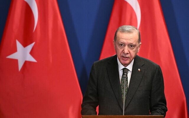 Turkish President Recep Tayyip Erdogan in Budapest, Hungary, on December 18, 2023. (Attila Kisbenedek/AFP)