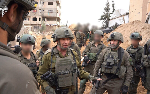 Head of IDF Southern Command Maj. Gen. Yaron Finkelman speaks to troops in the Gaza Strip, December 20, 2023. (Israel Defense Forces)