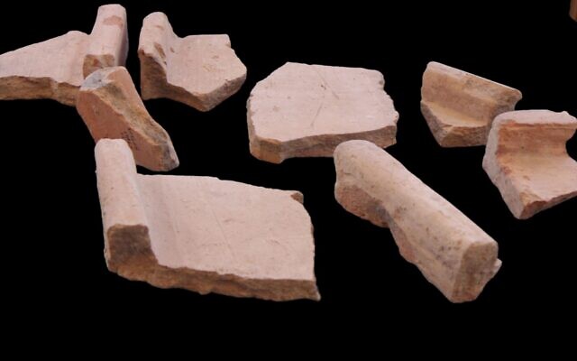 Roof tile fragments discovered at the Giv‘ati Parking Lot Excavation. (Photo by Emil Aladjem, Israel Antiquities Authority)