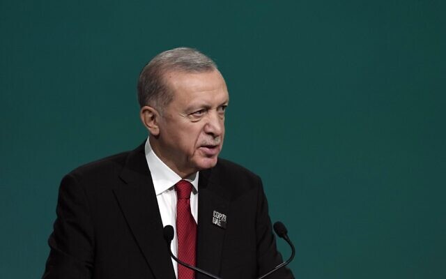 Turkish President Recep Tayyip Erdogan speaks during a plenary session at the COP28 UN Climate Summit, Friday, Dec. 1, 2023, in Dubai, United Arab Emirates. (AP Photo/Peter Dejong)