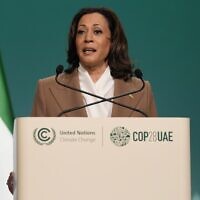US Vice President Kamala Harris speaks during a plenary session at the COP28 UN Climate Summit, December 2, 2023, in Dubai, United Arab Emirates. (AP Photo/Kamran Jebreili)