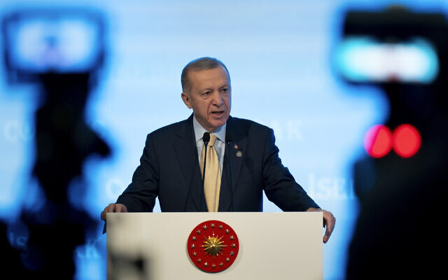 Turkey President Recep Tayyip Erdogan gives an opening speech during the 39th session of the Committee for Economic and Commercial Cooperation of the Organization of the Islamic Cooperation (COMCEC), in Istanbul, Turkey, December 4, 2023. (AP Photo/Francisco Seco)