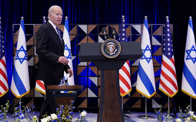 US President Joe Biden walks to the podium to deliver remarks on the war between Israel and Hamas after meeting Israeli Prime Minister Benjamin Netanyahu, Wednesday, Oct. 18, 2023, in Tel Aviv.  (AP Photo/Evan Vucci, File)