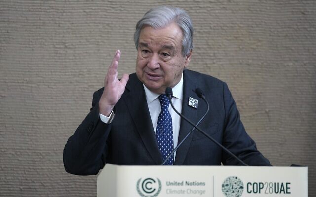 United Nations Secretary-General Antonio Guterres speaks during a news conference at the COP28 UN Climate Summit, Monday, December 11, 2023, in Dubai, United Arab Emirates. (AP Photo/Kamran Jebreili)