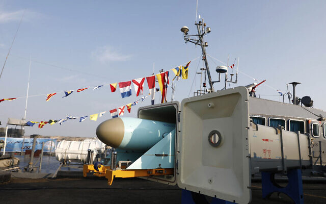 In this picture released by the official website of the Iranian Army on Dec. 24, 2023, a missile system is displayed in an unveiling ceremony at a naval base near the Indian Ocean in the southern Iranian port of Konarak (Iranian Army via AP)
