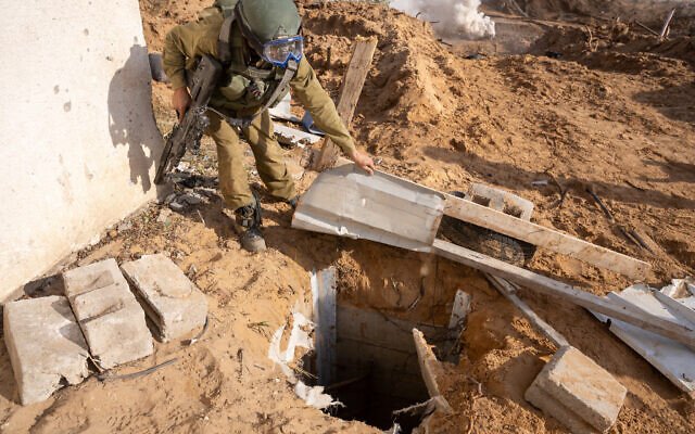 A Hamas tunnel discovered by IDF troops in northern Gaza's Salatin, close to Jabaliya, December 7, 2023. (Emanuel Fabian/Times of Israel)