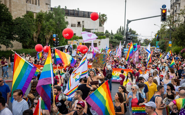Thousands take part in the annual Gay Pride Parade in Jerusalem, on June 1, 2023. (Yonatan Sindel/Flash90)