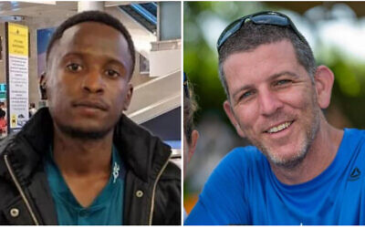 From left to right: Joshua Mollel, a Tanzanian agricultural intern on Nahal Oz who was kidnapped on October 7, 2023, then murdered by Hamas-led terrorists in captivity. (Courtesy); Tal Chaimi (right), here with his wife Ella, was taken captive by Hamas terrorists on October 7, 2023 from Kibbutz Nir Yitzhak. His family was told on December 13, 2023, that he was killed during the October 7 attack. (Courtesy)