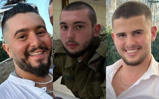 Left to right: Elia Toledano, Cpl. Nik Baizer, Sgt. Ron Sherman, taken hostage by Hamas on Oct 7. Their bodies were returned to Israel on December 15, 2023. (Courtesy)