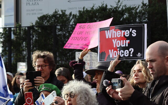 Protestors gather outside the UN headquarters in New York City on December 4, 2023, to protest the international community's perceived silence on sexual violence committed by Hamas terrorists against Israeli women during the October 7 massacre. (Carli Fogel)