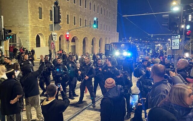Police block a far-right march from entering the Old City on December 7, 2023. (Jeremy Sharon/Times of Israel)