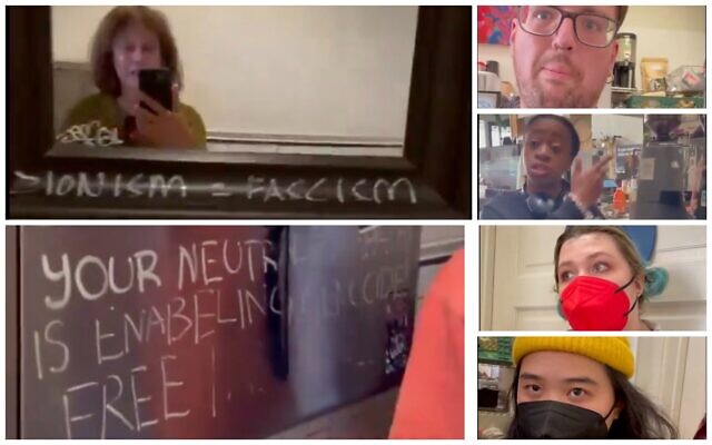 Employees at Farley's East cafe and a neighboring shop in Oakland, California, who sought to block a customer from entering the store's bathroom to film anti-Israel graffiti inside on December 6, 2023. (Screen capture/X)