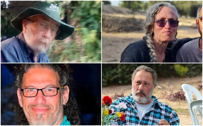 Aryeh Zalmanovich (top right) Maya Goren (top left), Ronen Engel (bottom left), and Eliyahu Margalit (bottom right), all of whom who were taken hostage from Kibbutz Nir Oz by Hamas on October 7 and declared dead on December 1, 2023. (Courtesy; combination image: Times of Israel)