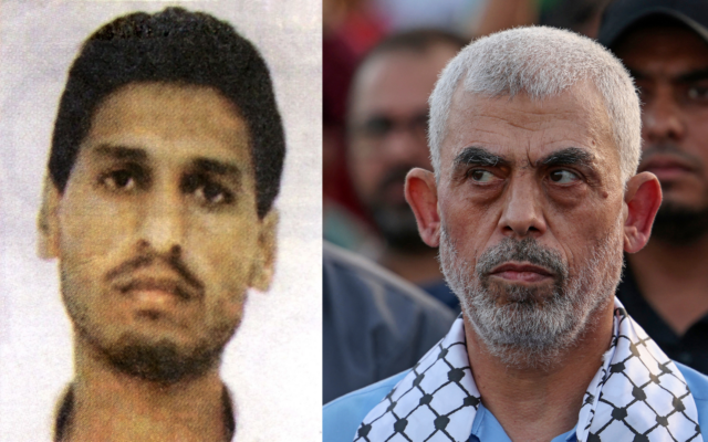 Hamas leaders Muhammad Deif (L) and Yahya Sinwar (HO / AFP, MAHMUD HAMS / AFP)