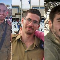 This composite photo shows Sgt. Yakir Yedidya Schenkolewski (L), Cpt. Eitan Fisch (C) and Staff Sgt. Tuval Yaakov Tsanani, who the Israel Defense Forces announced on December 5, 2023, were killed fighting against Hamas terrorists in the Gaza Strip. (Israel Defense Forces)