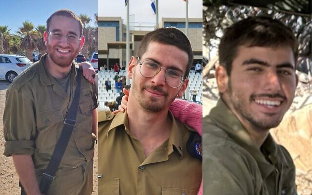 This composite photo shows Sgt. Yakir Yedidya Schenkolewski (L), Cpt. Eitan Fisch (C) and Staff Sgt. Tuval Yaakov Tsanani, who the Israel Defense Forces announced on December 5, 2023, were killed fighting against Hamas terrorists in the Gaza Strip. (Israel Defense Forces)
