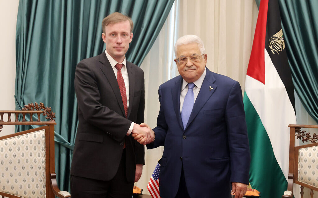 US National Security Adviser Jake Sullivan meets with Palestinian Authority President Mahmoud Abbas in Ramallah on December 15, 2023. (Wafa)