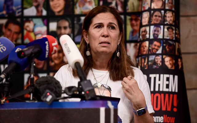 Yael Adar, mother of hostage Tamir Adar held in the Gaza Strip, at a press conference in Tel Aviv on December 4, 2023. (Tomer Neuberg/Flash90)
