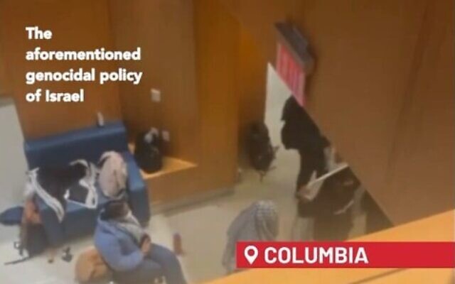 Students take over Columbia University's School of Social Work lobby for a 'teach-in' praising Hamas's October 7 atrocities, on December 6, 2023. (Screenshot/TikTok)