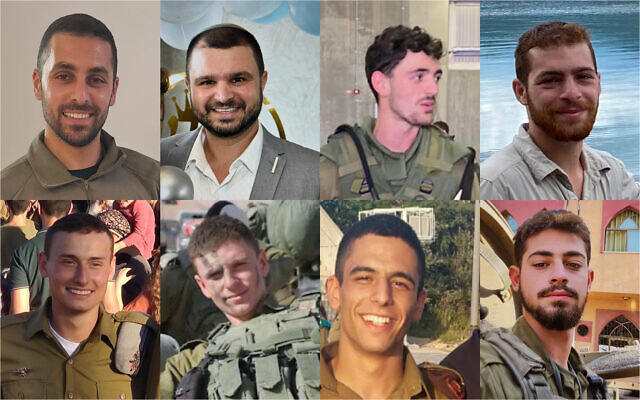 IDF soldiers announced killed in the Gaza Strip on December 24, 2023: Top L-R: Master Sgt. (res.) Nadav Issachar Farhi, Master Sgt. (res.) Eliyahu Meir Ohana, Sgt. First Class (res.) Elyassaf Shoshan, Sgt. First Class (res.) Ohad Ashur; bottom: Staff Sgt. David Bogdanovskyi, Staff Sgt. Orel Bashan, Staff Sgt. Itamar Shemen, Staff Sgt. Gal Hershko. (Courtesy)
