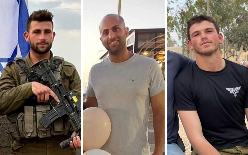 From left: Sgt. First Class (res.) Ben Zussman, 22, Sgt. Maj. (res.) Neriya Shaer, 36, and Sgt. Binyamin Yehoshua Needham, 19, who were killed in fighting in the Gaza Strip on December 3, 2023. (Israel Defense Forces)