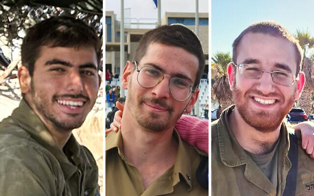 This composite photo shows Sgt. Yakir Yedidya Schenkolewski (R), Cpt. Eitan Fisch (C) and Staff Sgt. Tuval Yaakov Tsanani, who the Israel Defense Forces announced on December 5, 2023, were killed fighting against Hamas terrorists in the Gaza Strip. (Israel Defense Forces)