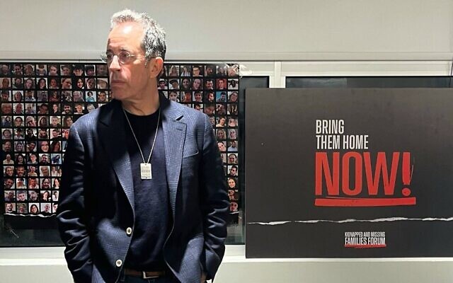 Comedian Jerry Seinfeld at the Hostages and Missing Persons Families Forum Headquarters in Tel Aviv, December 18, 2023 (Courtesy)