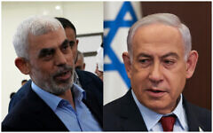 Left: Yahya Sinwar, head of Hamas in Gaza, Gaza City, April 30, 2022. (AP Photo/Adel Hana); Right: Israeli Prime Minister Benjamin Netanyahu, December 10, 2023. (Ronen Zvulun/Pool Photo via AP)