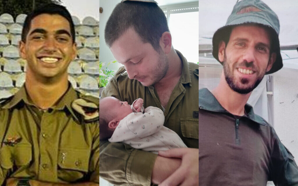 IDF soldiers killed in the Gaza Strip on December 15, 2023: L-R: Sgt. Oz Shmuel Aradi, Sgt. First Class (res.) Shay Uriel Pizem, Master Sgt. (res.) Tomer Shlomo Myara. (Courtesy)