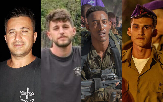 IDF soldiers the military says were killed in the Gaza Strip on December 23, 2023: L-R: Warrant Officer (res.) Alexander Shpits, Master Sgt. (res.) Shay Termin, Staff Sgt. Birhanu Kassie, Staff Sgt. Nir Rafael Kananian. (Courtesy)