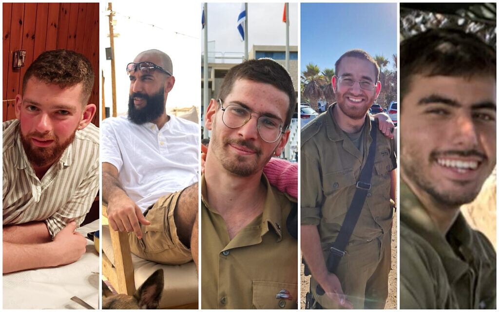 This composite photo (L-R) shows Cpt. Yahel Gazit, Master Sgt. (res.) Gil Daniels, Cpt. Eitan Fisch, Sgt. Yakir Yedidya Schenkolewski, and Staff Sgt. Tuval Yaakov Tsanani, who the Israel Defense Forces announced on December 5, 2023, were killed fighting against Hamas terrorists in the Gaza Strip. (Israel Defense Forces)