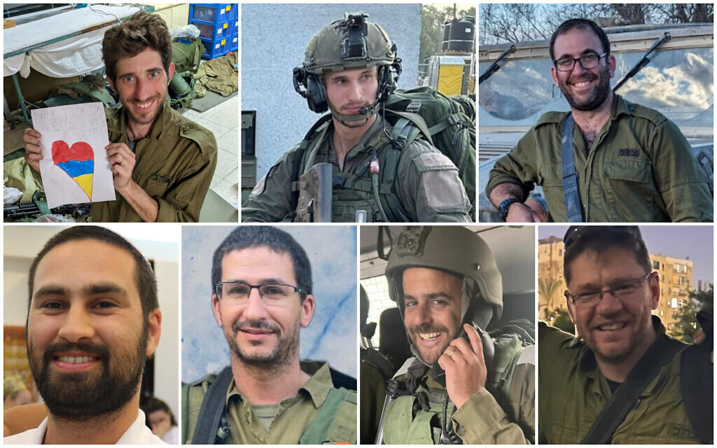 IDF soldiers killed in the Gaza Strip on December 10, 2023: Top L-R Sgt. Maj. (res.) Etay Perry, Cpt. (res.) Eliya Yanovsky, Master Sgt. (res.) Ari Yehiel Zenilman; bottom: Sgt. Maj. (res.) Gideon Ilani, Maj. (res.) Eviatar Cohen, Maj. Gal Becher, and Maj. (res.) Roman Bronshtein. (Courtesy; combo image: Times of Israel)