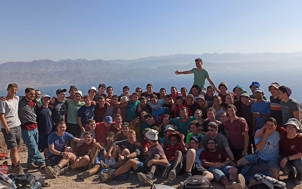 Neveh Shmuel Yeshiva High School class of 2020 on a field trip. The three alumni who were killed while fighting in Gaza are circled in red. (courtesy)