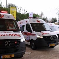 Magen David Adom dedicates 14 new ambulances, donated by Samaritan's Purse, to fallen volunteers and employees, Jerusalem, January 23, 2024. (Eastside Studio)