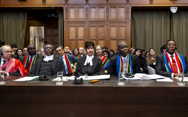 The South African legal team sits during hearings in the International Court of Justice (ICJ) on the request for provisional measures submitted by South Africa in the case South Africa v. Israel on January 11-12, 2024, at the Peace Palace in The Hague, the seat of the Court. (Courtesy International Court of Justice)