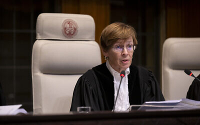 President of the International Court of Justice Judge Joan E. Donoghue delivers the court's order on the request for the indication of provisional measures submitted by South Africa against Israel over its actions in the Gaza Strip,  January 26, 2024. (Courtesy International Court of Justice)