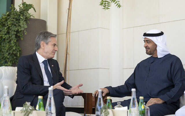 This handout picture provided by the UAE Presidential Court shows UAE President Sheikh Mohamed bin Zayed al-Nahyan (R) meeting with US Secretary of State Antony Blinken at al-Shati Palace in Abu Dhabi on January 8, 2024 (Photo by Abdulla AL-BEDWAWI / UAE PRESIDENTIAL COURT / AFP)