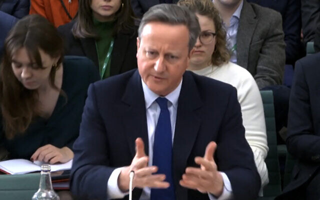 Screen capture from video of Britain's Foreign Secretary David Cameron as he gives evidence to a House of Commons Foreign Affairs Committee, in London on January 9, 2024. (PRU / AFP)